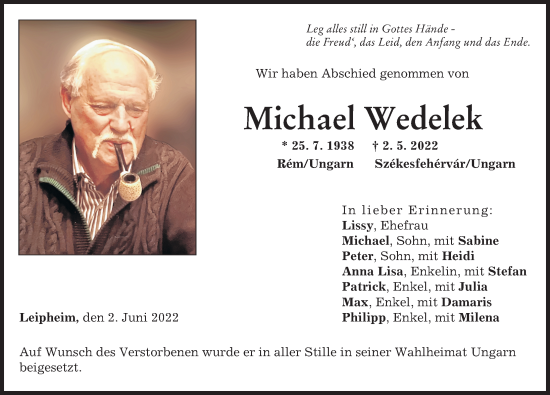 Traueranzeige von Michael Wedelek von Günzburger Zeitung