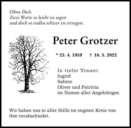 Traueranzeige von Peter Grotzer von Augsburger Allgemeine
