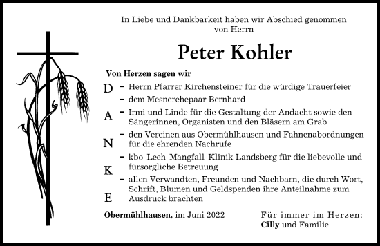 Traueranzeige von Peter Kohler von Landsberger Tagblatt