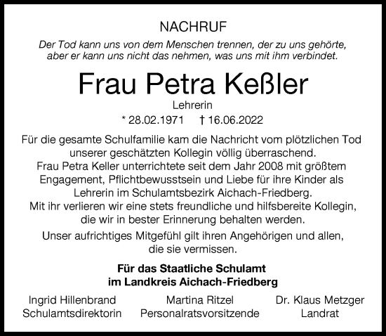 Traueranzeige von Petra Keßler von Aichacher Nachrichten