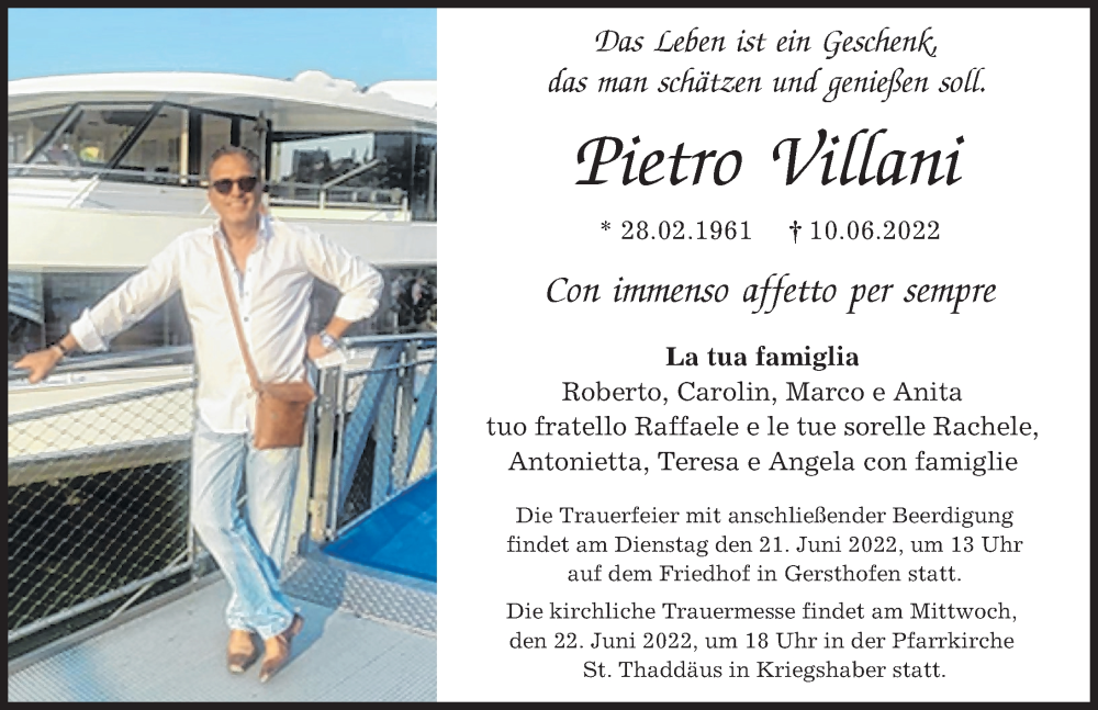  Traueranzeige für Pietro Villani vom 18.06.2022 aus Augsburger Allgemeine
