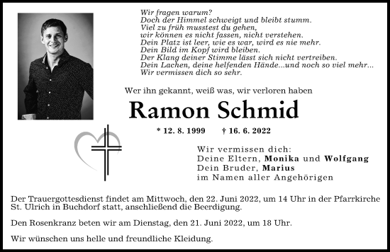 Traueranzeige von Ramon Schmid von Donauwörther Zeitung