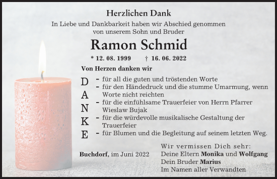 Traueranzeige von Ramon Schmid von Donauwörther Zeitung