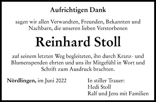 Traueranzeige von Reinhard Stoll von Rieser Nachrichten
