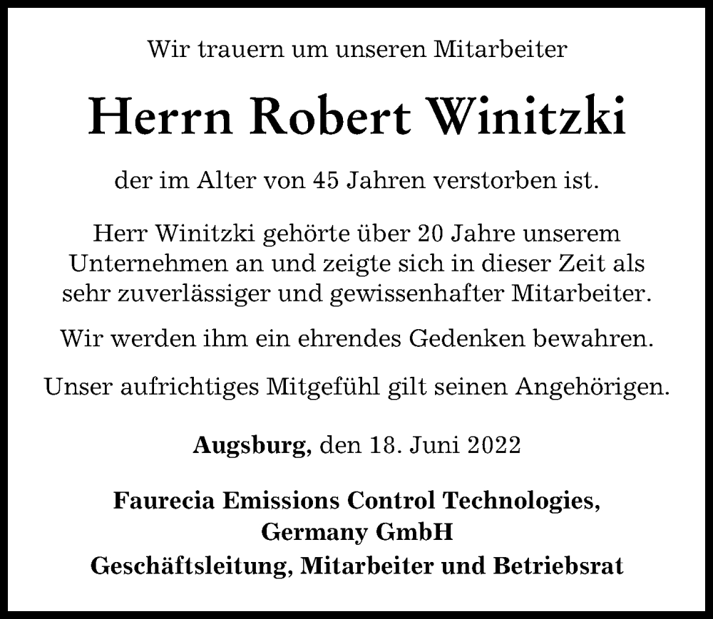  Traueranzeige für Robert Winitzki vom 18.06.2022 aus Augsburger Allgemeine