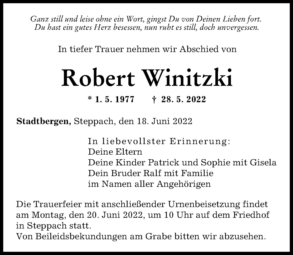  Traueranzeige für Robert Winitzki vom 18.06.2022 aus Augsburger Allgemeine