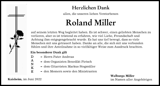 Traueranzeige von Roland Miller von Donauwörther Zeitung