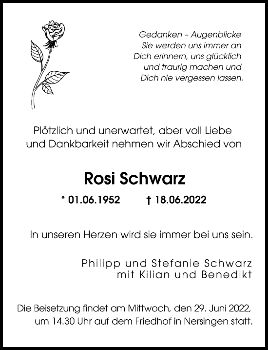 Traueranzeige von Rosi Schwarz von Günzburger Zeitung, Neu-Ulmer Zeitung