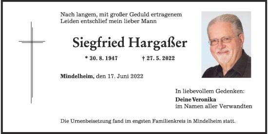 Traueranzeige von Siegfried Hargaßer von Mindelheimer Zeitung