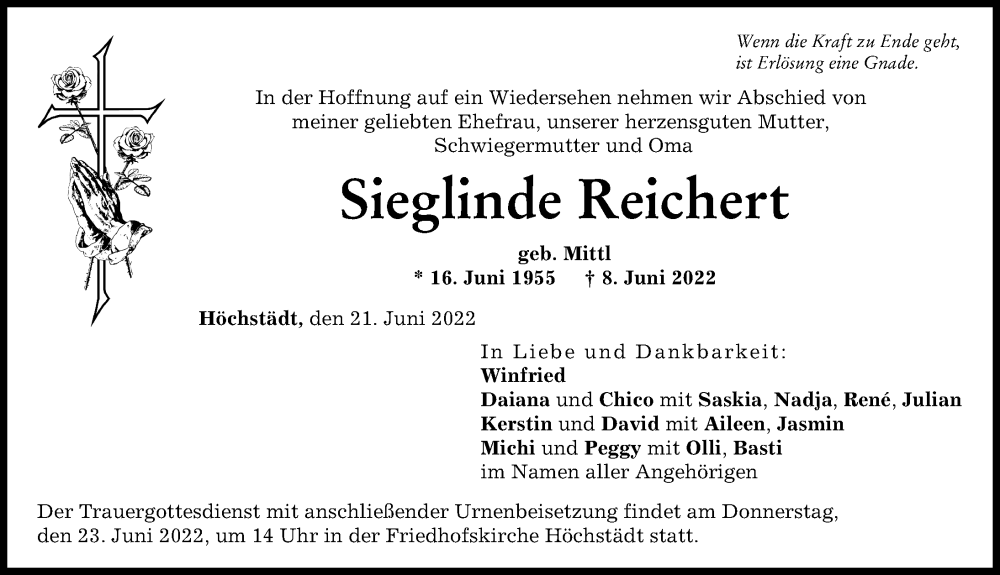  Traueranzeige für Sieglinde Reichert vom 21.06.2022 aus Donau Zeitung