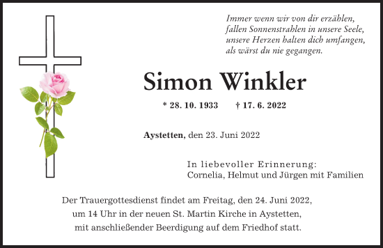 Traueranzeige von Simon Winkler von Augsburger Allgemeine