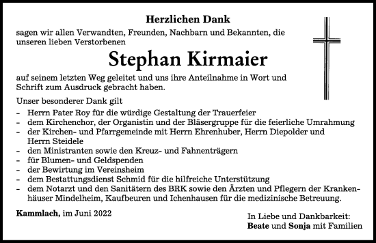 Traueranzeige von Stephan Kirmaier von Mindelheimer Zeitung