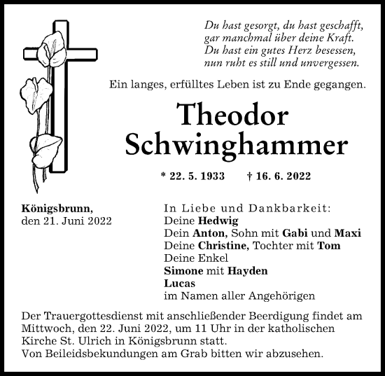 Traueranzeige von Theodor Schwinghammer von Schwabmünchner Allgemeine