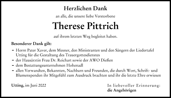 Traueranzeige von Therese Pittrich von Landsberger Tagblatt