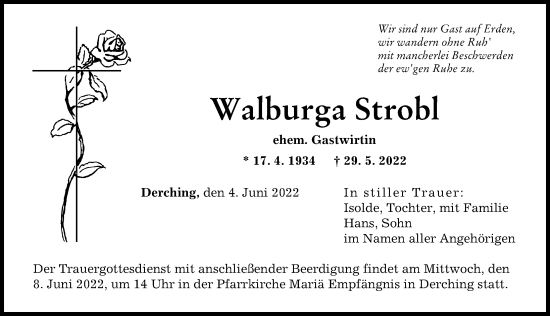 Traueranzeige von Walburga Strobl von Friedberger Allgemeine, Augsburger Allgemeine