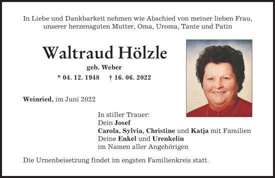 Traueranzeige von Waltraud Hölzle von Illertisser Zeitung
