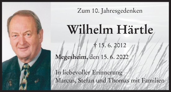 Traueranzeige von Wilhelm Härtle von Rieser Nachrichten