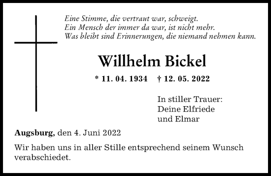 Traueranzeige von Willhelm Bickel von Augsburger Allgemeine