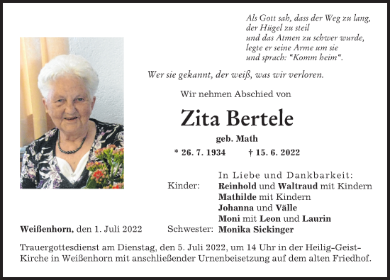 Traueranzeige von Zita Bertele von Neu-Ulmer Zeitung