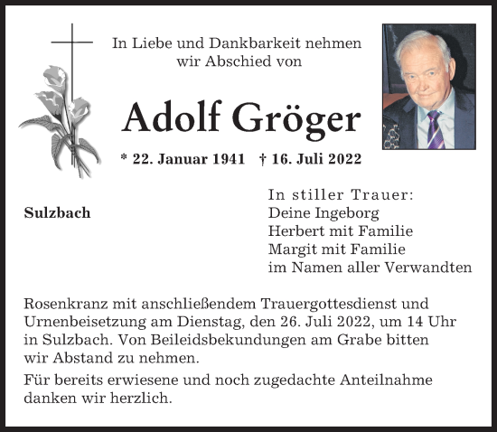 Traueranzeige von Adolf Gröger von Augsburger Allgemeine