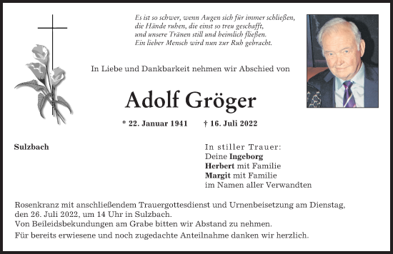 Traueranzeige von Adolf Gröger von Aichacher Nachrichten