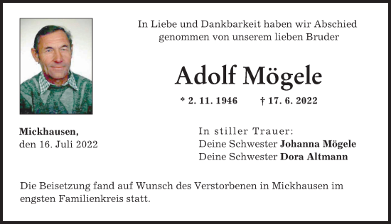 Traueranzeige von Adolf Mögele von Schwabmünchner Allgemeine