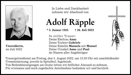 Traueranzeige von Adolf Räpple von Neuburger Rundschau
