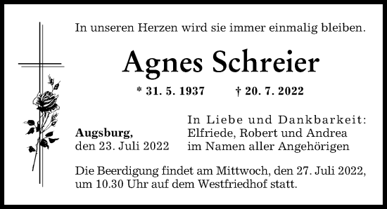 Traueranzeige von Agnes Schreier von Augsburger Allgemeine