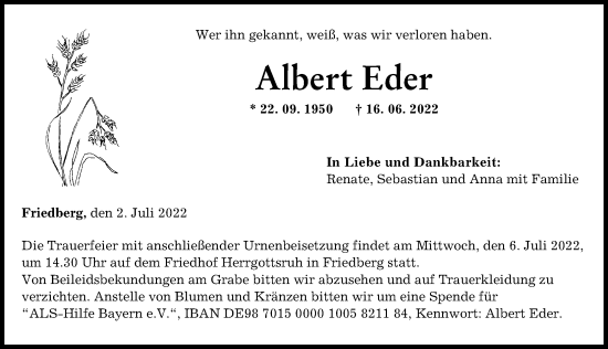 Traueranzeige von Albert Eder von Friedberger Allgemeine, Aichacher Nachrichten