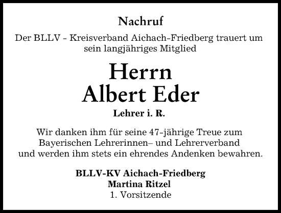 Traueranzeige von Albert Eder von Friedberger Allgemeine, Aichacher Nachrichten