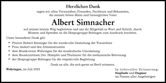 Traueranzeige von Albert Simnacher von Schwabmünchner Allgemeine