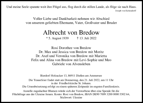 Traueranzeige von Albrecht von Bredow von Ammersee Kurier