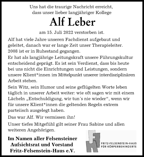 Traueranzeige von Alf Leber von Augsburger Allgemeine