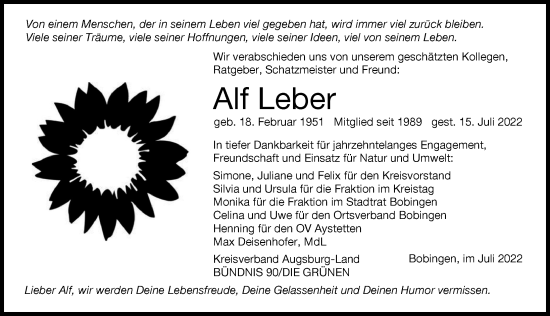 Traueranzeige von Alf Leber von Augsburger Allgemeine, Schwabmünchner Allgemeine, Augsburg-Land