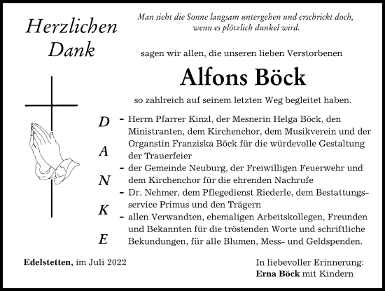 Traueranzeige von Alfons Böck von Mittelschwäbische Nachrichten