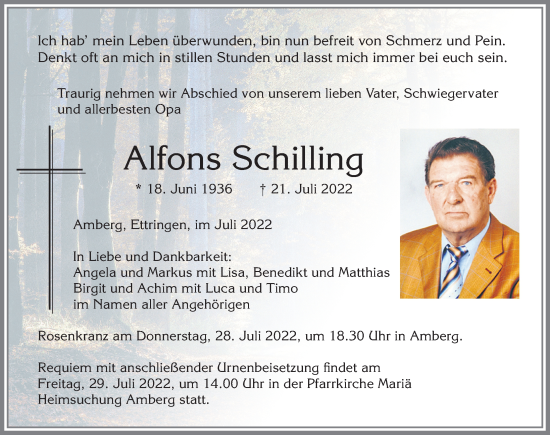 Traueranzeige von Alfons Schilling von Mindelheimer Zeitung