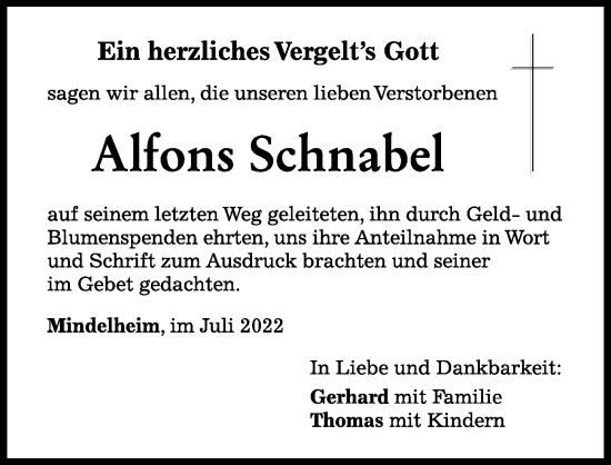 Traueranzeige von Alfons Schnabel von Mindelheimer Zeitung
