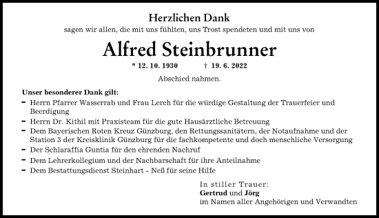 Traueranzeige von Alfred Steinbrunner von Günzburger Zeitung