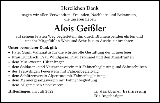 Traueranzeige von Alois Geißler von Schwabmünchner Allgemeine
