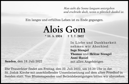 Traueranzeige von Alois Gom von Neu-Ulmer Zeitung