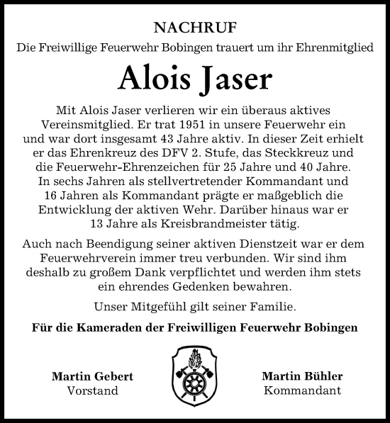 Traueranzeige von Alois Jaser von Schwabmünchner Allgemeine