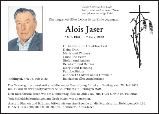 Traueranzeige von Alois Jaser von Schwabmünchner Allgemeine, Augsburger Allgemeine