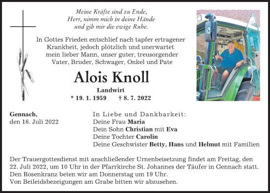 Traueranzeige von Alois Knoll von Schwabmünchner Allgemeine