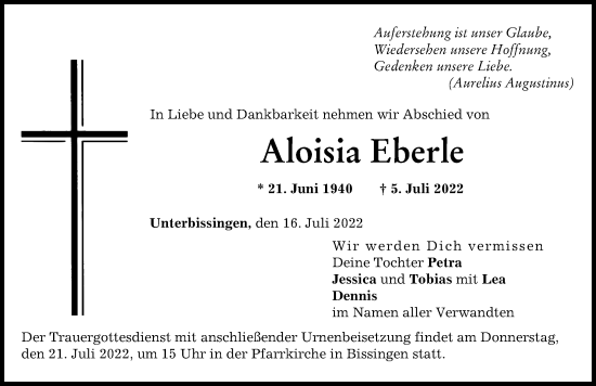 Traueranzeige von Aloisia Eberle von Donau Zeitung