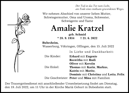 Traueranzeige von Amalie Kratzei von Günzburger Zeitung