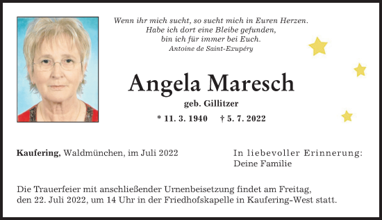 Traueranzeige von Angela Maresch von Landsberger Tagblatt