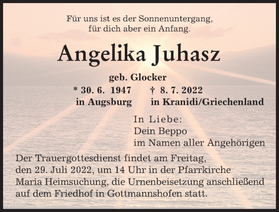 Traueranzeige von Angelika Juhasz von Wertinger Zeitung, Augsburger Allgemeine