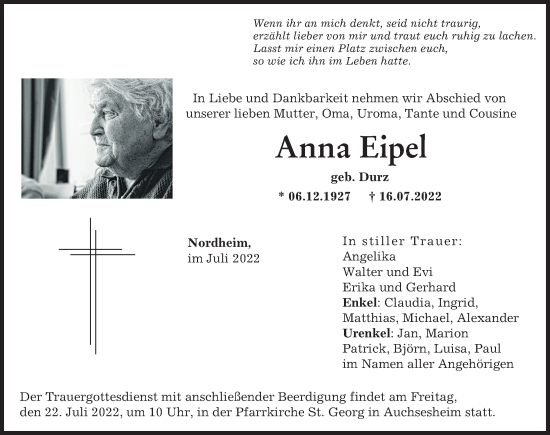 Traueranzeige von Anna Eipel von Donauwörther Zeitung