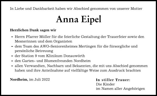 Traueranzeige von Anna Eipel von Donauwörther Zeitung