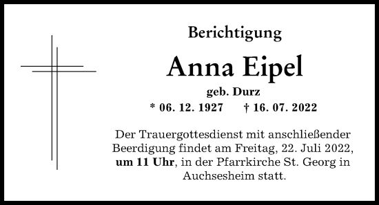 Traueranzeige von Anna Eipel von Donauwörther Zeitung